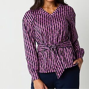 Liz Claiborne Tie Waist Womens V Neck Long Sleeve Blouse